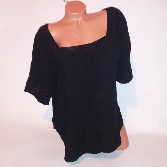 Chelsea & Theodore Blouse XL Black Polka Dot Short Sleeve Square Neck Babydoll T - Picture 1 of 11